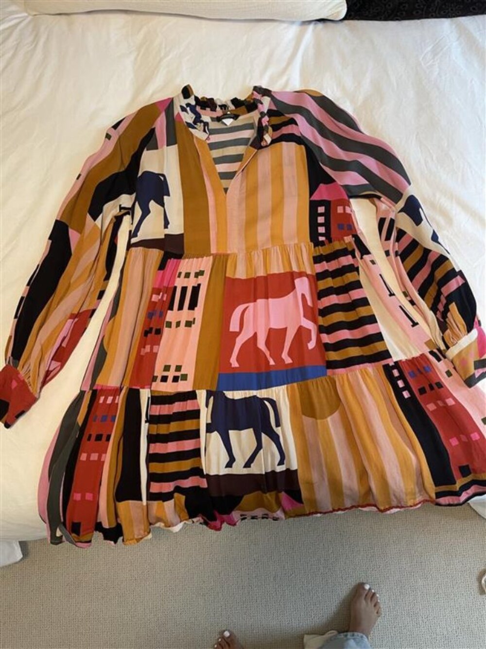 Stine Goya Abstract Horse Print Tiered Mini Dress Long Sleeve Size S